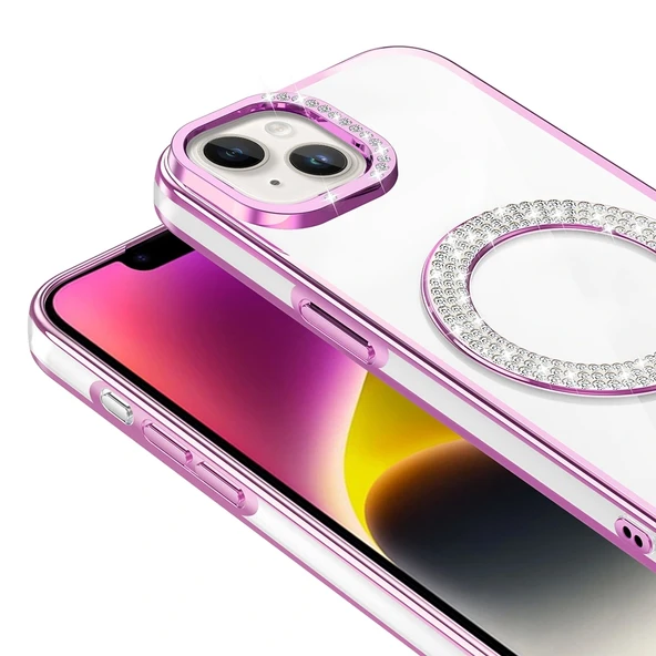 Apple iPhone 13 Kılıf Pırlanta Taş Tasarımlı Magsafe Şarj Özellikli Redclick Karetta Silikon Kapak - Resim 11