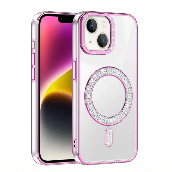 Apple iPhone 13 Kılıf Pırlanta Taş Tasarımlı Magsafe Şarj Özellikli Redclick Karetta Silikon Kapak - Resim 10