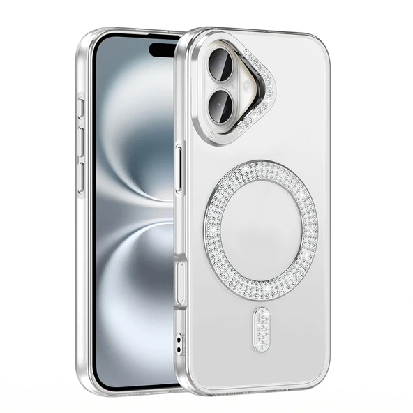 Apple iPhone 16 Kılıf Pırlanta Taş Tasarımlı Magsafe Şarj Özellikli Redclick Karetta Silikon Kapak - Resim 6