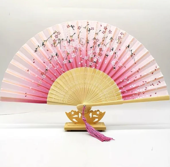 Beluga Yelpaze Bambu Kumaş Serinletici Vintage Pembe Çiçekli Şık Dekorasyon Püsküllü Japon Yelpaze 0389 - 2