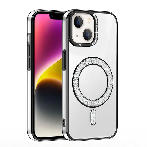 Apple iPhone 13 Kılıf Pırlanta Taş Tasarımlı Magsafe Şarj Özellikli Redclick Karetta Silikon Kapak - Resim 4