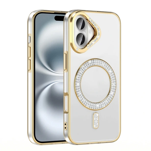 Apple iPhone 16 Kılıf Pırlanta Taş Tasarımlı Magsafe Şarj Özellikli Redclick Karetta Silikon Kapak - Resim 8