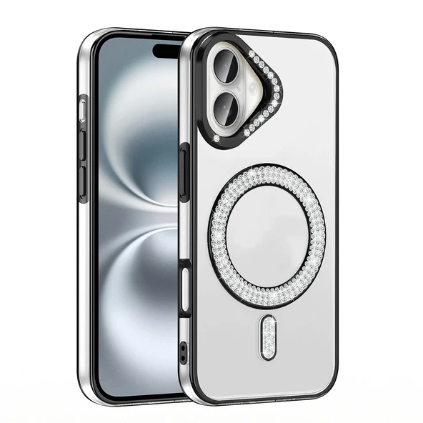 Apple iPhone 16 Kılıf Pırlanta Taş Tasarımlı Magsafe Şarj Özellikli Redclick Karetta Silikon Kapak - Resim 5