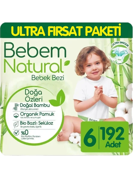 Bebem Natural Bebek Bezi Ultra Fırsat Paketi Maxi 6 Numara 192 Adet (64 x 3 Paket)
