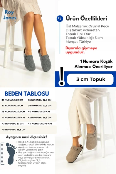 Roy Jones Kadın Mantar Taban Keçeli Konfor Modeli Kışlık Önü Kapalı Keçe Modeli Sabo Günlük Rahat Ev Terliği - 5