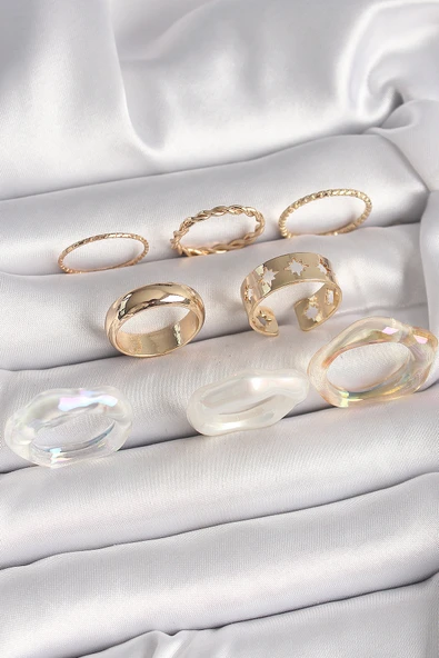 Pirinç Gold Renk Beyaz Akrilik Plastik Modek Kutup Yıldız İşleme Detay Kadın Yüzük Seti - EBJ250412W32489 ürün görseli
