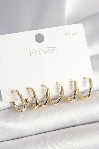 925 Ayar Gümüş Çivi Pirinç Gold Renk Oval Halka Model Kadın Küpe Seti - TJ-BKP10419