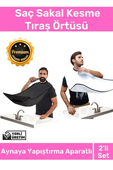 Deluxe Pratik Vakumlu Aynaya Yapıştırma Aparatlı Evde Saç Sakal Kesme Siyah- Beyaz Set Tıraş Örtüsü