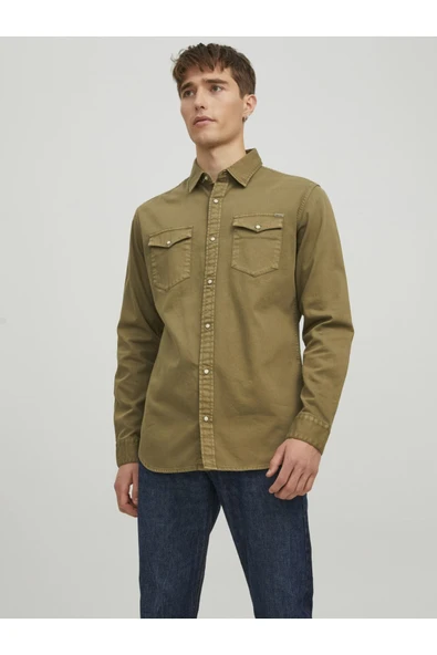 JACK JONES Erkek HAKİ Uzun Kollu Gömlek 12138115 - 2