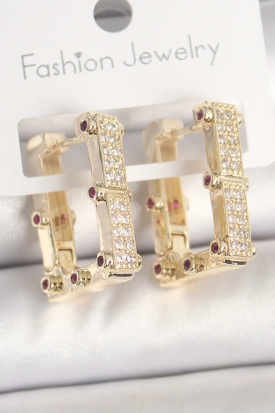 Pirinç Gold Renk Kare Zirkon Taşlı Kadın Küpe - TJ-BKP10373