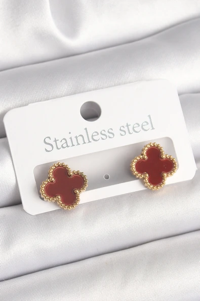 Pirinç Gold Renk Bordo Yonca Model Kadın Küpe - EBJ250412W32560 ürün görseli