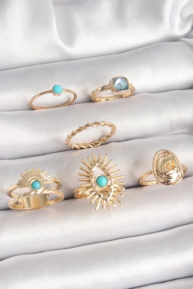 Pirinç Gold Renk Mavi Taşlı Göz Model Kare Zirkon Taşlı Kadın Yüzük Seti - EBJ250412W32493 ürün görseli