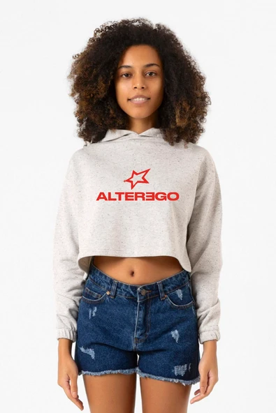 Lisa Alter Ego Beyaz Kırçıllı Kadın Crop Kapşonlu