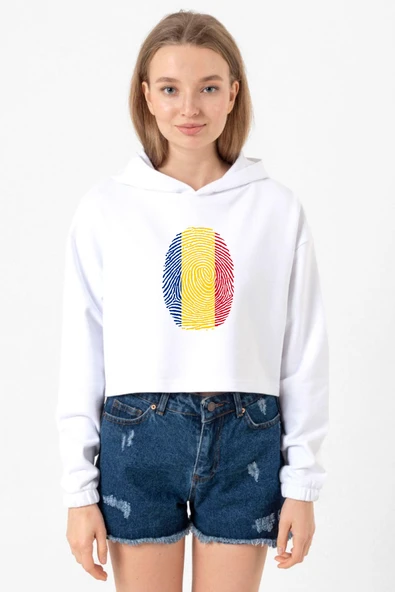 Romania Fingerprint Beyaz Optik Kadın Crop Kapşonlu