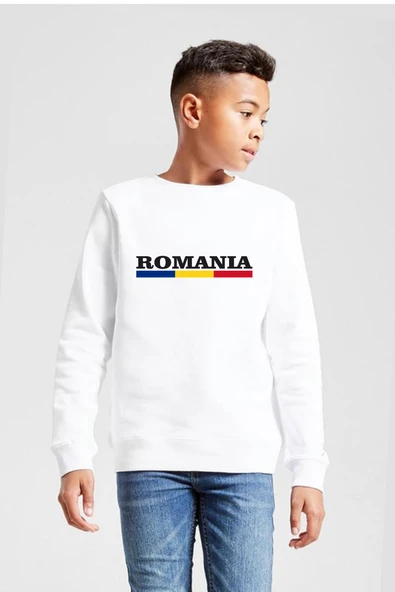 Romania Flag Lettern Beyaz Çocuk 2ip Sweatshirt