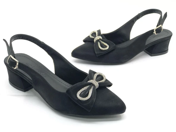 Mehtap Arkası Açık Fiyonk Taş Detaylı Klasik Kadın Topuklu Ayakkabı - Resim 3