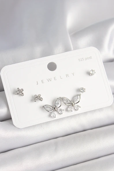 925 Ayar Gümüş Çivi Pirinç Gümüş Renk Zirkon Taşlı Kelebek Model Kadın Küpe Seti - EBJ250412W32687 ürün görseli