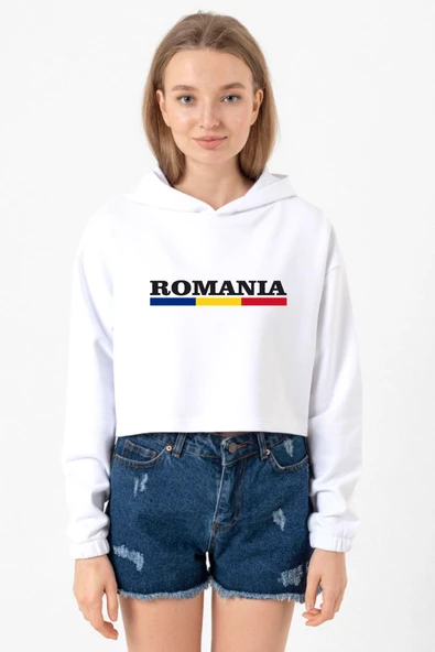 Romania Flag Lettern Beyaz Optik Kadın Crop Kapşonlu