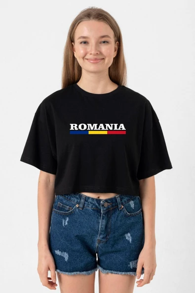 Romania Flag Lettern Siyah Kadın Crop Tshirt ürün görseli 1