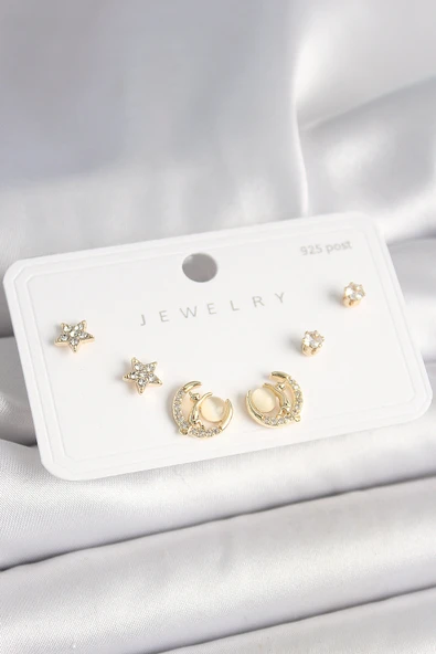 925 Ayar Gümüş Çivi Zirkon Taşlı Hilal Yıldız Model Kadın Küpe Seti - EBJ250412W32692 ürün görseli