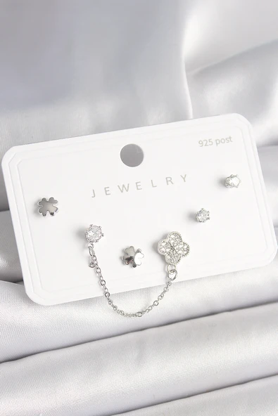 925 Ayar Gümüş Çivi Pirinç Gümüş Renk Zirkon Taşlı Yonca Model Sallantı Zincir Detay Kadın Küpe Seti - EBJ250412W32693 ürün görseli