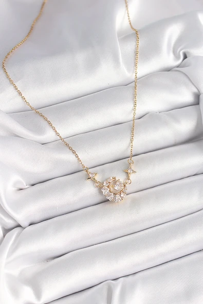 Gold Renk Zirkon Taşlı Hilal Kalp Model Kadın Kolye - EBJ250412W32658 - Resim 2