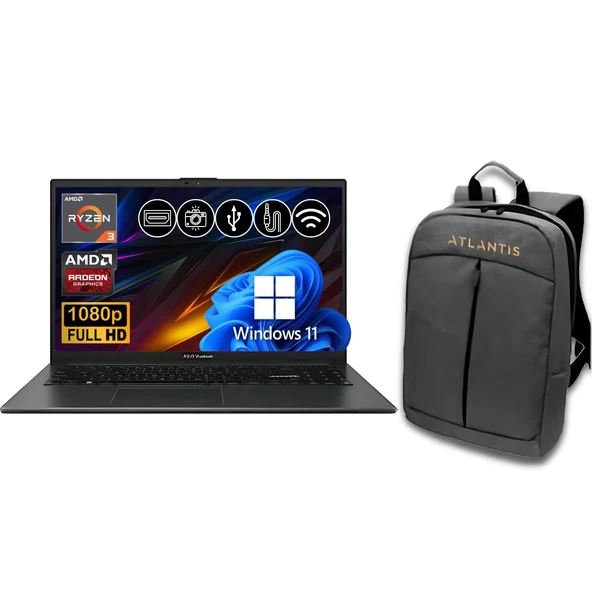 Asus VivoBook Go 15 R3-7320U 8GB 512GB M.2 SSD E1504FA-NJ097  ATL17 15.6" W11Pro Notebook +çanta