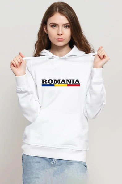 Romania Flag Lettern Beyaz Kadın 3ip Kapşonlu Sweatshirt ürün görseli
