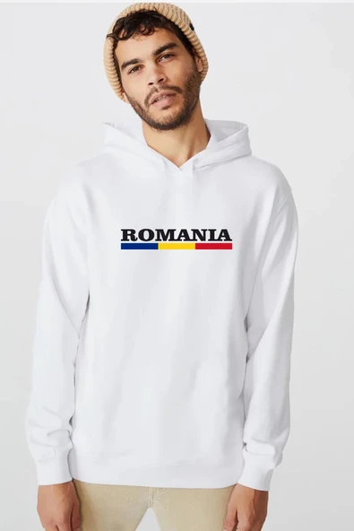 Romania Flag Lettern Beyaz Erkek 3ip Kapşonlu  Sweatshirt