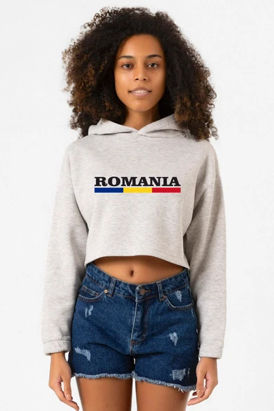 Romania Flag Lettern Grimelanj Kadın Crop Kapşonlu