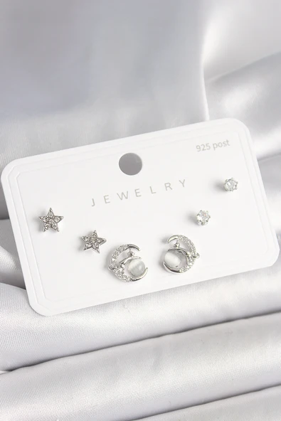 925 Ayar Gümüş Çivi Zirkon Taşlı Hilal Yıldız Model Kadın Küpe Seti - EBJ250412W32691 ürün görseli