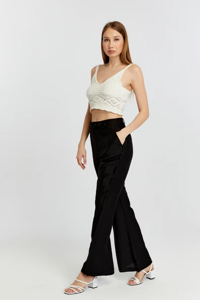 Siyah Keten İspanyol Paça Dokuma Pantolon - 11