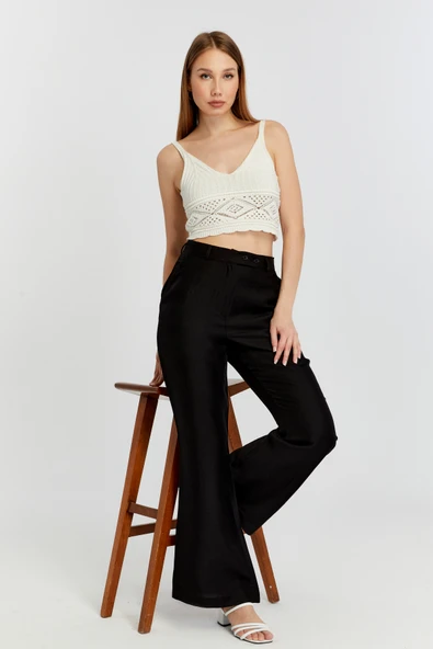 Siyah Keten İspanyol Paça Dokuma Pantolon