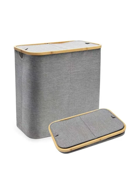 Katlanır Kumaş Kirli Çamaşır Sepeti 150 Litre Bambu Çerçeveli 2 Bölmeli - 2