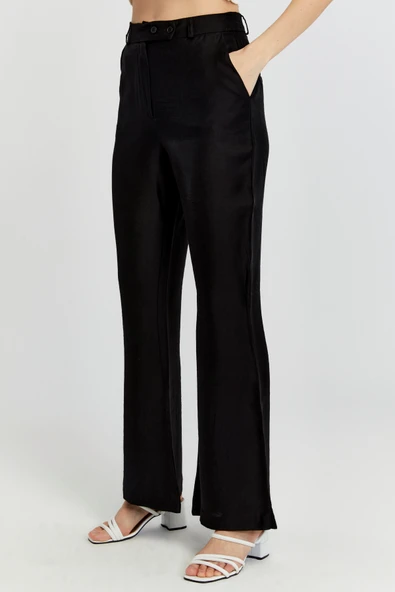 Siyah Keten İspanyol Paça Dokuma Pantolon - 7