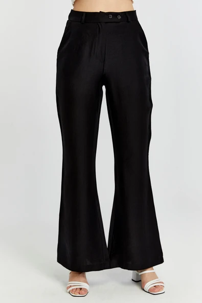 Siyah Keten İspanyol Paça Dokuma Pantolon - 5