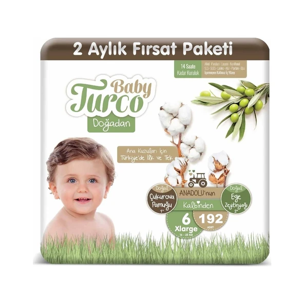 Baby Turco Bebek Bezi Doğadan Beden:6 (16-25 kg) Xlarge 192 Adet Süper Aylık Paket