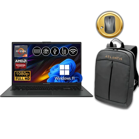 Asus VivoBook Go 15 R3-7320U 8GB 256GB M.2 SSD E1504FA-NJ097  ATL36 15.6" W11Pro Notebook +Mouse&çanta