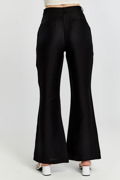 Siyah Keten İspanyol Paça Dokuma Pantolon - 8