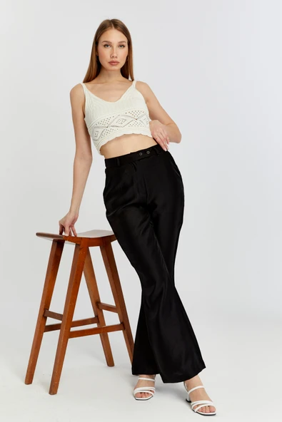 Siyah Keten İspanyol Paça Dokuma Pantolon - 2