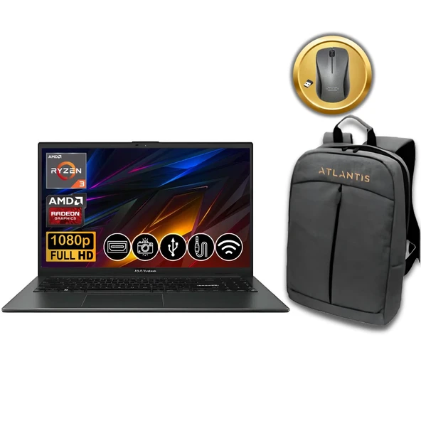 Asus VivoBook Go 15 R3-7320U 8GB 256GB M.2 SSD E1504FA-NJ097  ATL31 15.6" Fdos  Notebook +Mouse&çanta