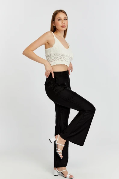 Siyah Keten İspanyol Paça Dokuma Pantolon - 10