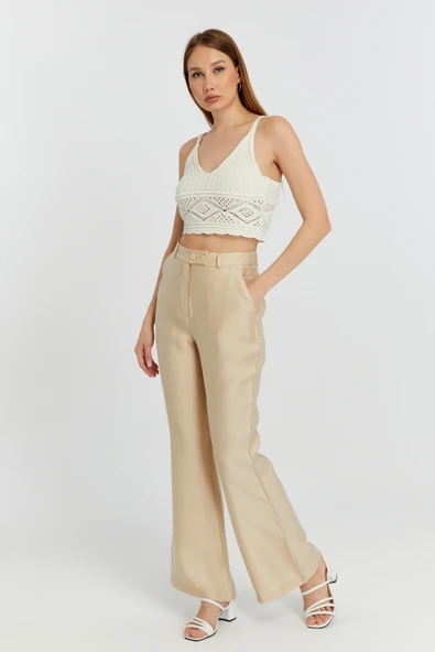 Açık Bej Keten İspanyol Paça Dokuma Pantolon - 5