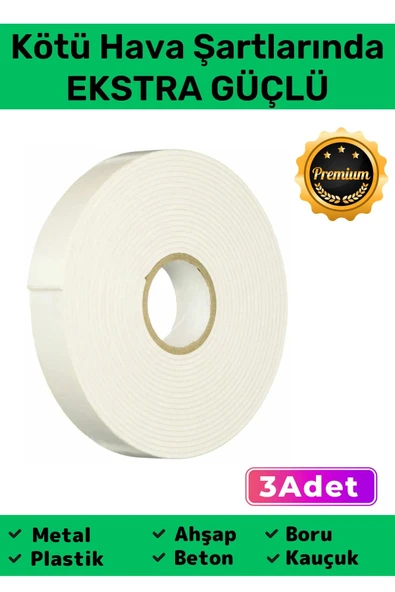 Extra Güçlü Uzun Ömürlü Kuvvetli Yapışkan Kolay Uygulanır İz Bırakmaz Çift Taraflı Köpük Bant 3 Adet