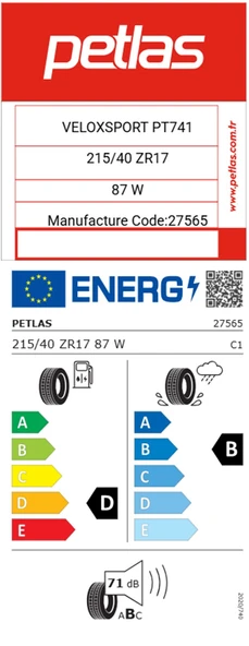 Petlas 215/40 R17 TL 87W Reınf. Velox Sport PT741 Yaz Lastiği (Üretim Tarihi:2025) - Resim 2