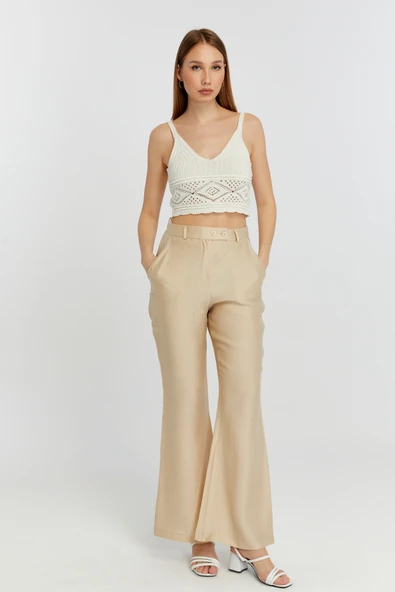 Açık Bej Keten İspanyol Paça Dokuma Pantolon - 4