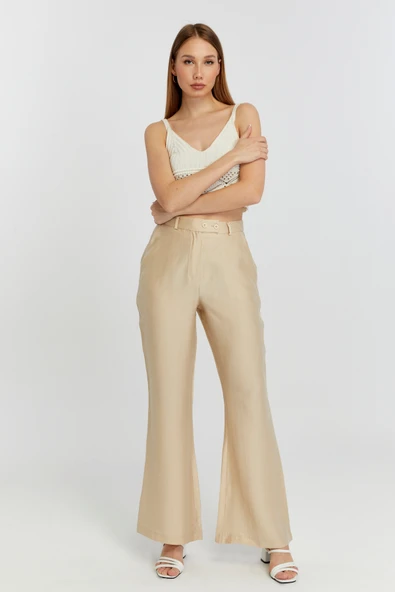 Açık Bej Keten İspanyol Paça Dokuma Pantolon - 2