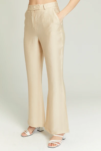 Açık Bej Keten İspanyol Paça Dokuma Pantolon - 10