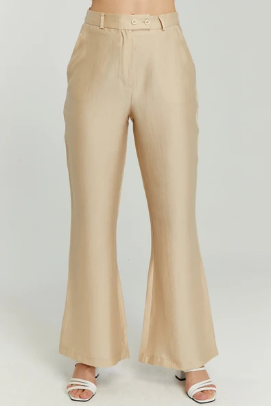 Açık Bej Keten İspanyol Paça Dokuma Pantolon - 7