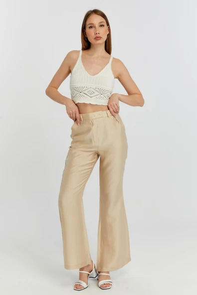 Açık Bej Keten İspanyol Paça Dokuma Pantolon
